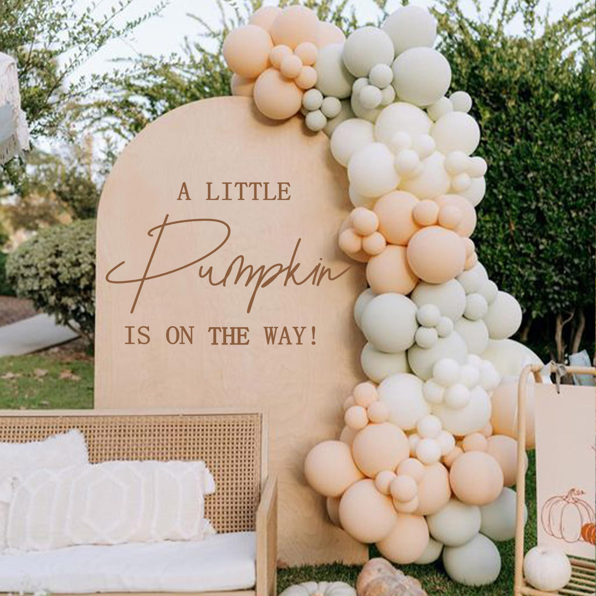 MUWEOL A Little Pumpkin Is On The Way decal on wall boosts festive pumpkin birthday vibes.