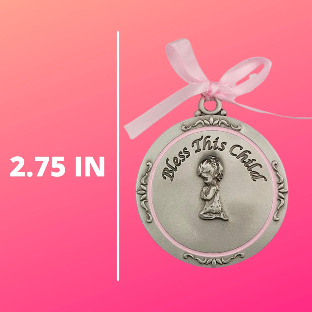 McVan baby shower gift idea round crib medal with pink ribbon