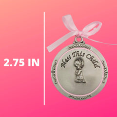 McVan baby shower gift idea round crib medal with pink ribbon