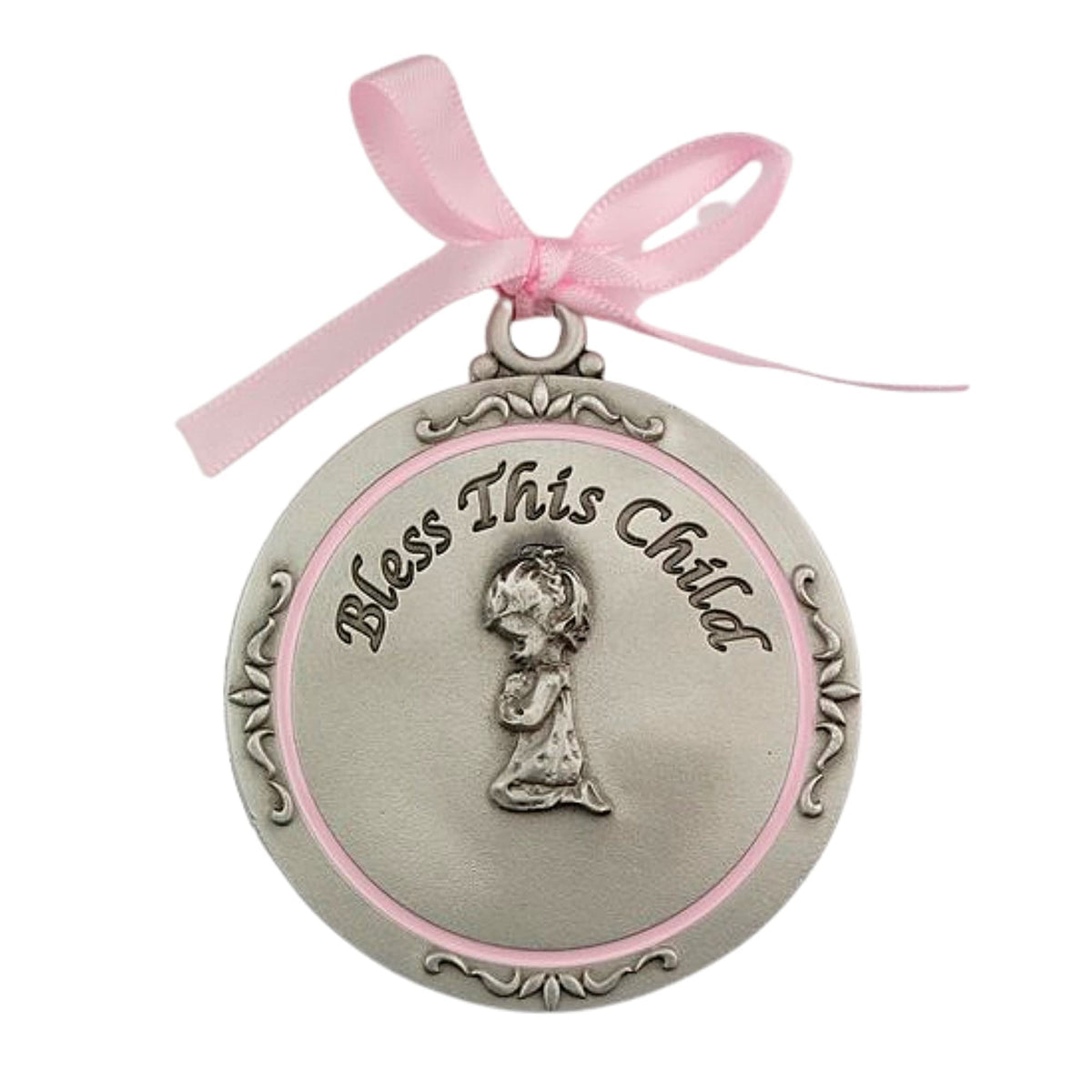 McVan Bless this child crib medal with pink ribbon ideal baby shower keepsake