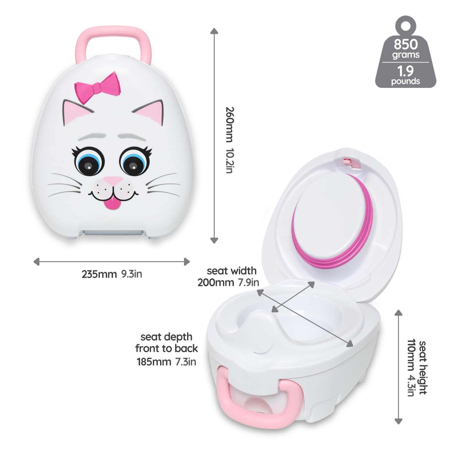 Extra tall splashguard on My Carry Potty for boys and girls.