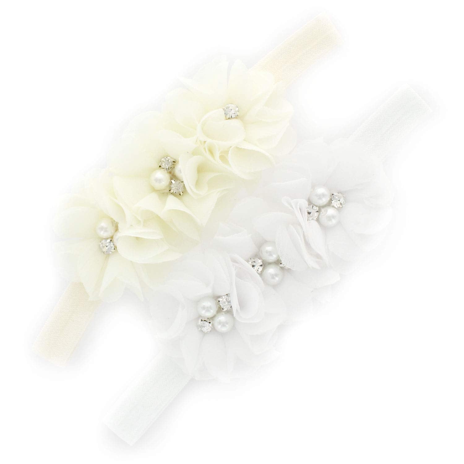 My Lello baby flower headbands trio in ivory for newborn photoshoots.