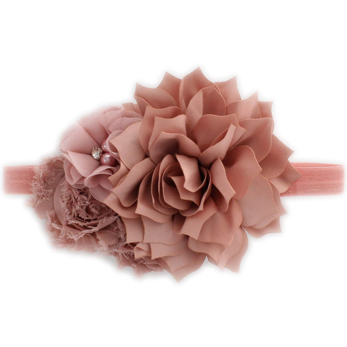 My Lello baby headband with dusty rose cluster for newborn photos.