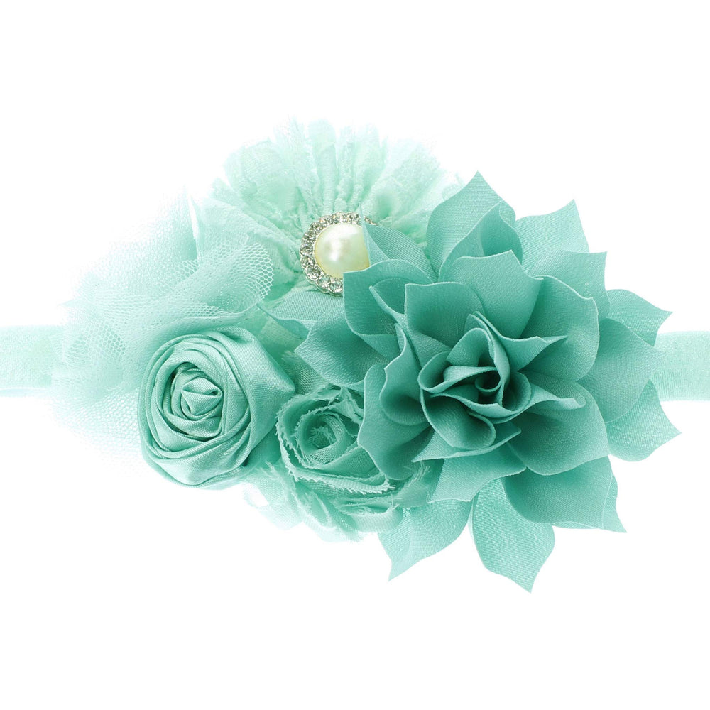 My Lello baby headband with shabby-flower cluster in aqua for newborn photo sessions.