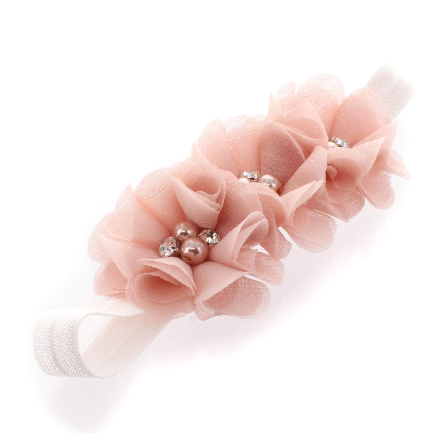 My Lello infant headband close-up shows beaded flowers and soft elastic.