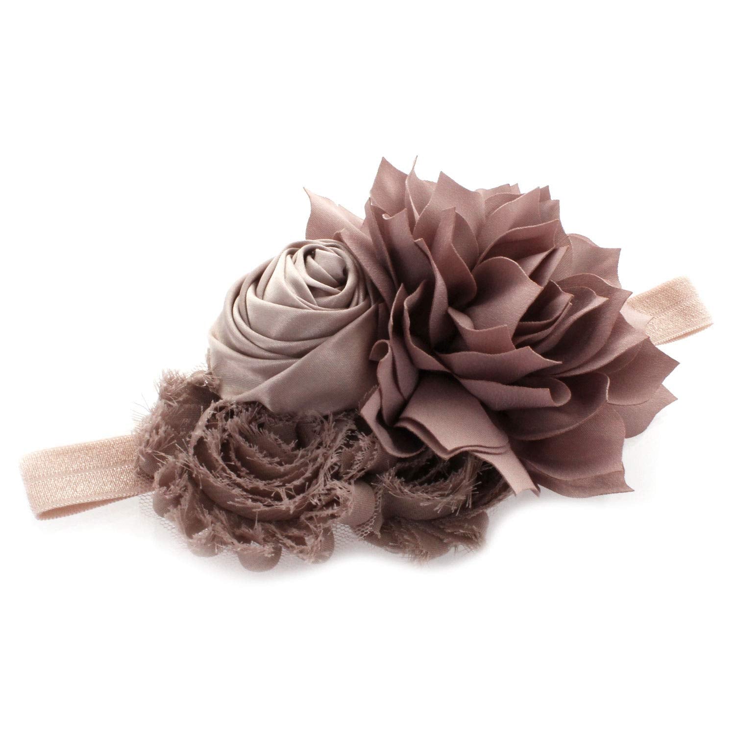My Lello shabby fabric flower cluster headband on a soft stretch band for photos.