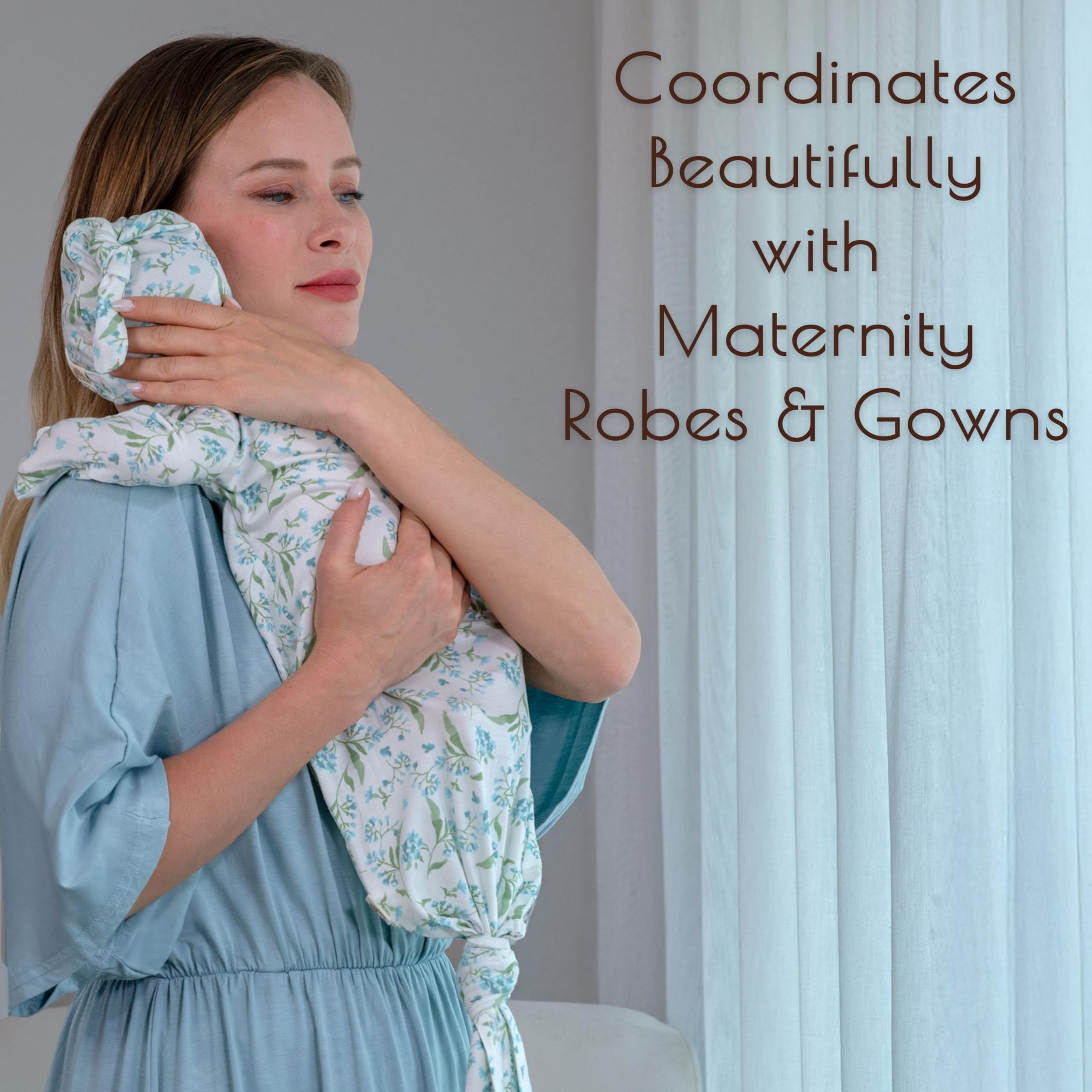 MY LITTLE ZONE Botanical Blue gown with cap set, coordinated newborn outfit.