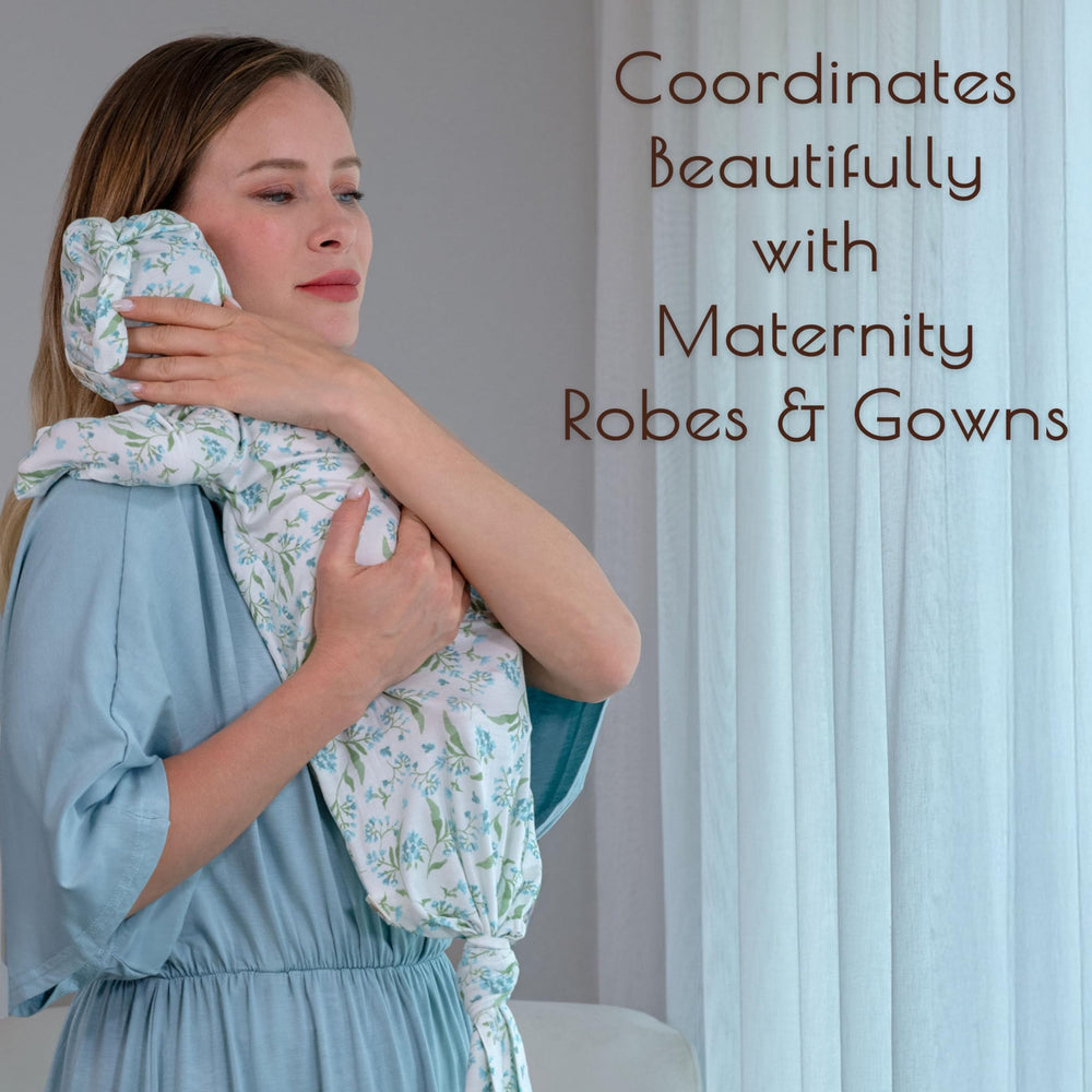 MY LITTLE ZONE Botanical Blue gown with cap set, coordinated newborn outfit.