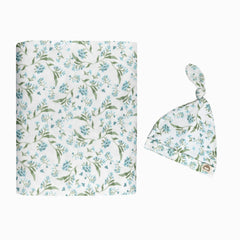 MY LITTLE ZONE botanical blue swaddle blanket offers soft, stretchy comfort for newborns.