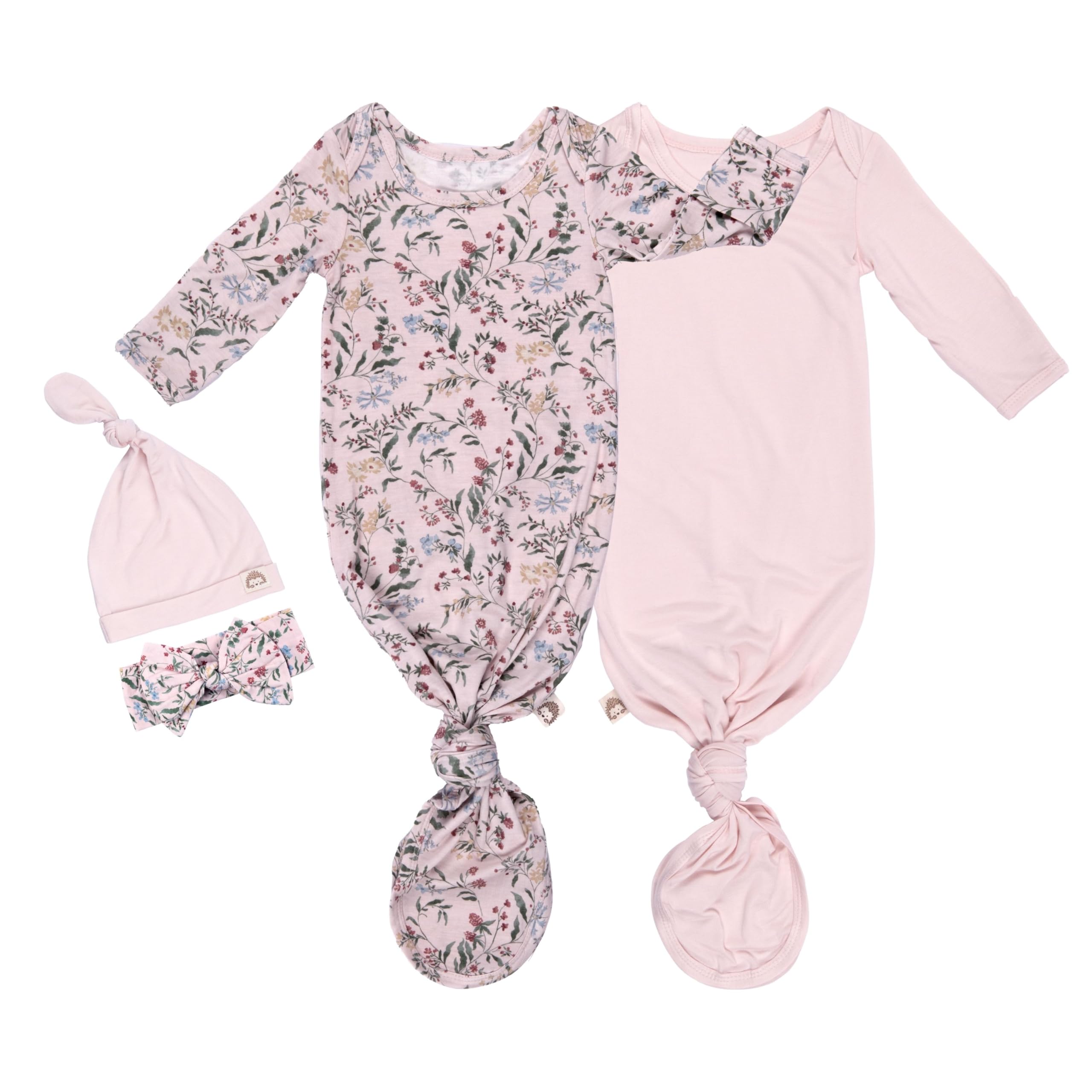 MY LITTLE ZONE knotted gown set in pink botanical offers cozy newborn sleepwear.