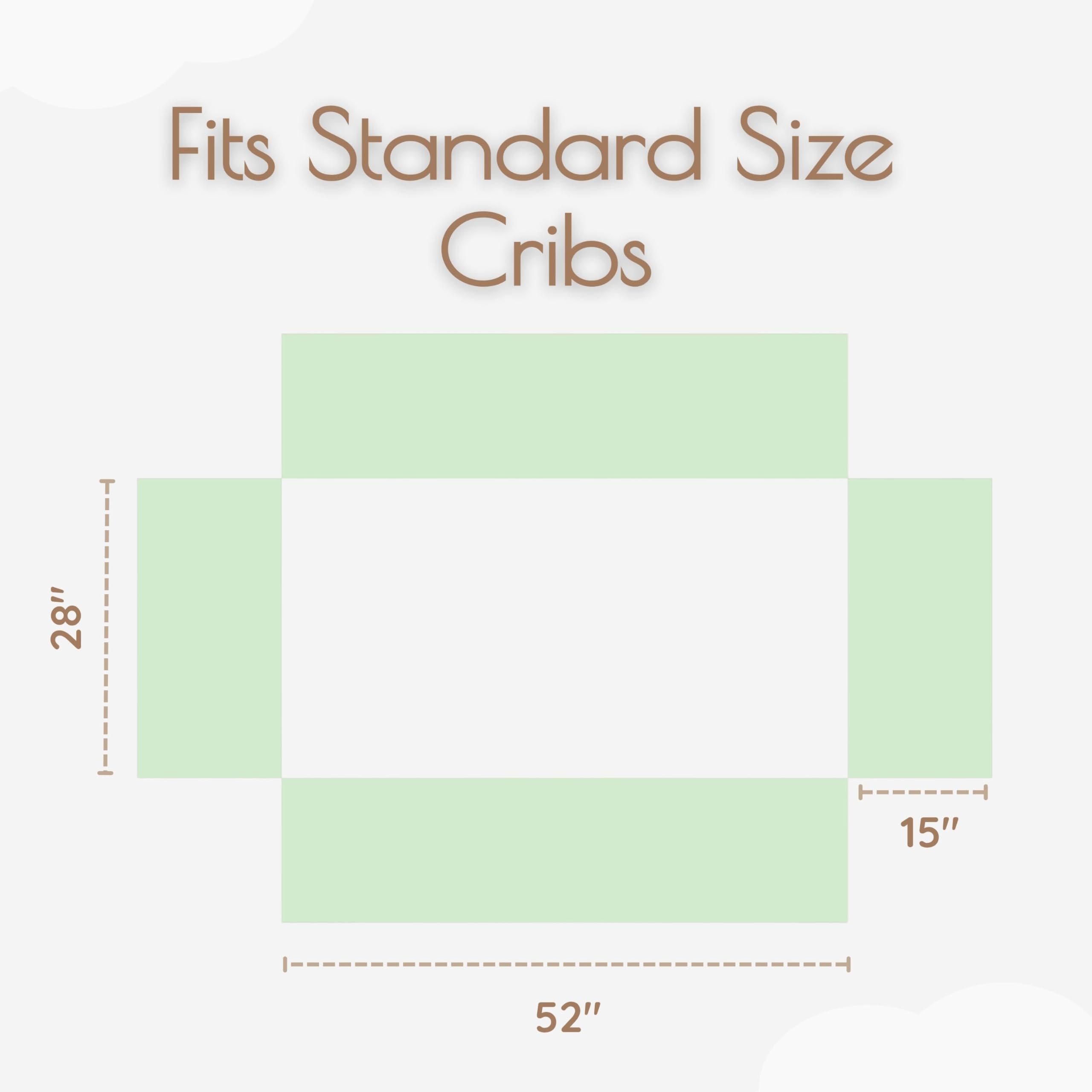 Woodland-theme green crib skirt detail enhances nursery ambiance while keeping gaps tidy.