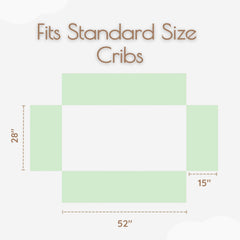 Woodland-theme green crib skirt detail enhances nursery ambiance while keeping gaps tidy.