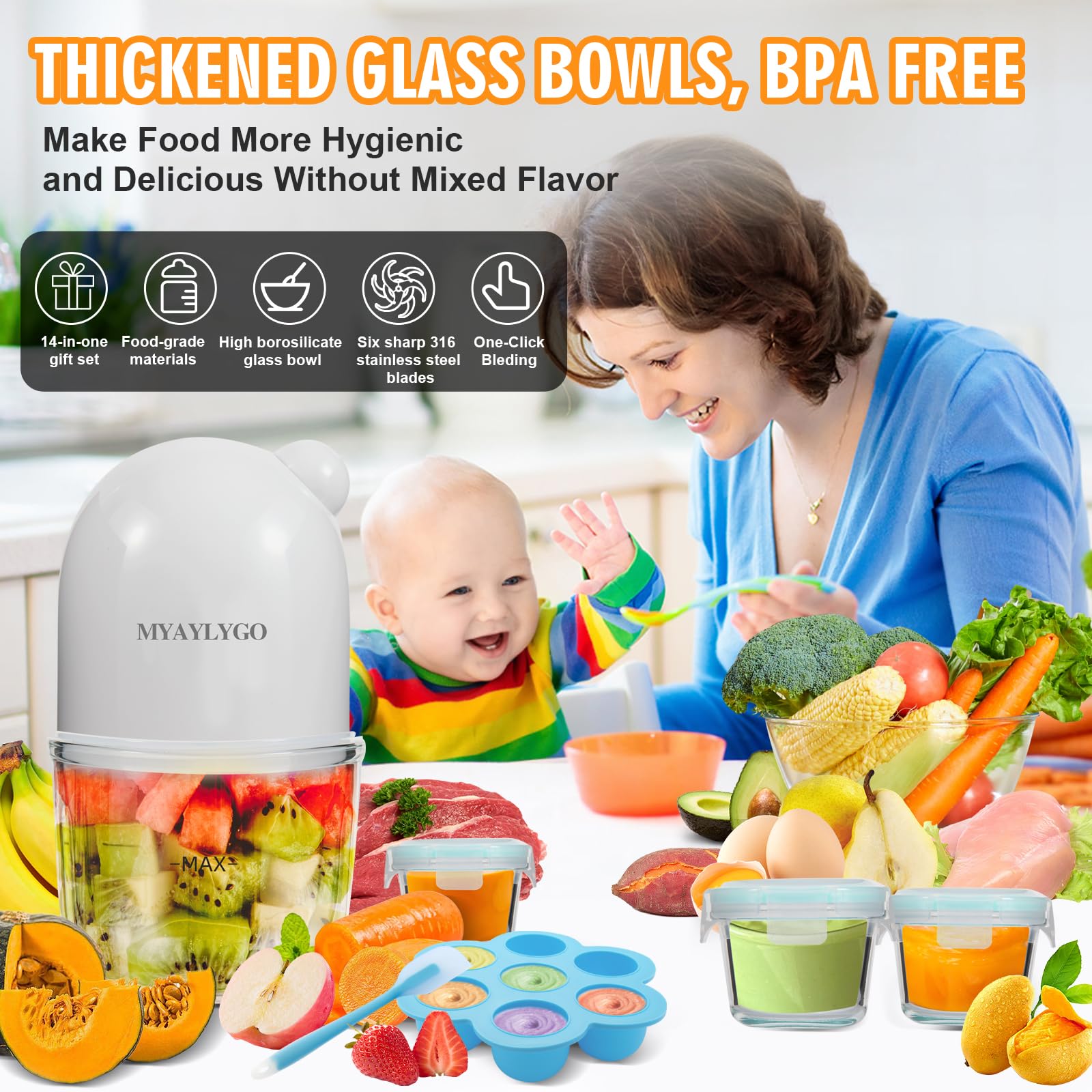 MYAYLYGO silicone spoon included for safe feeding and easy scooping.