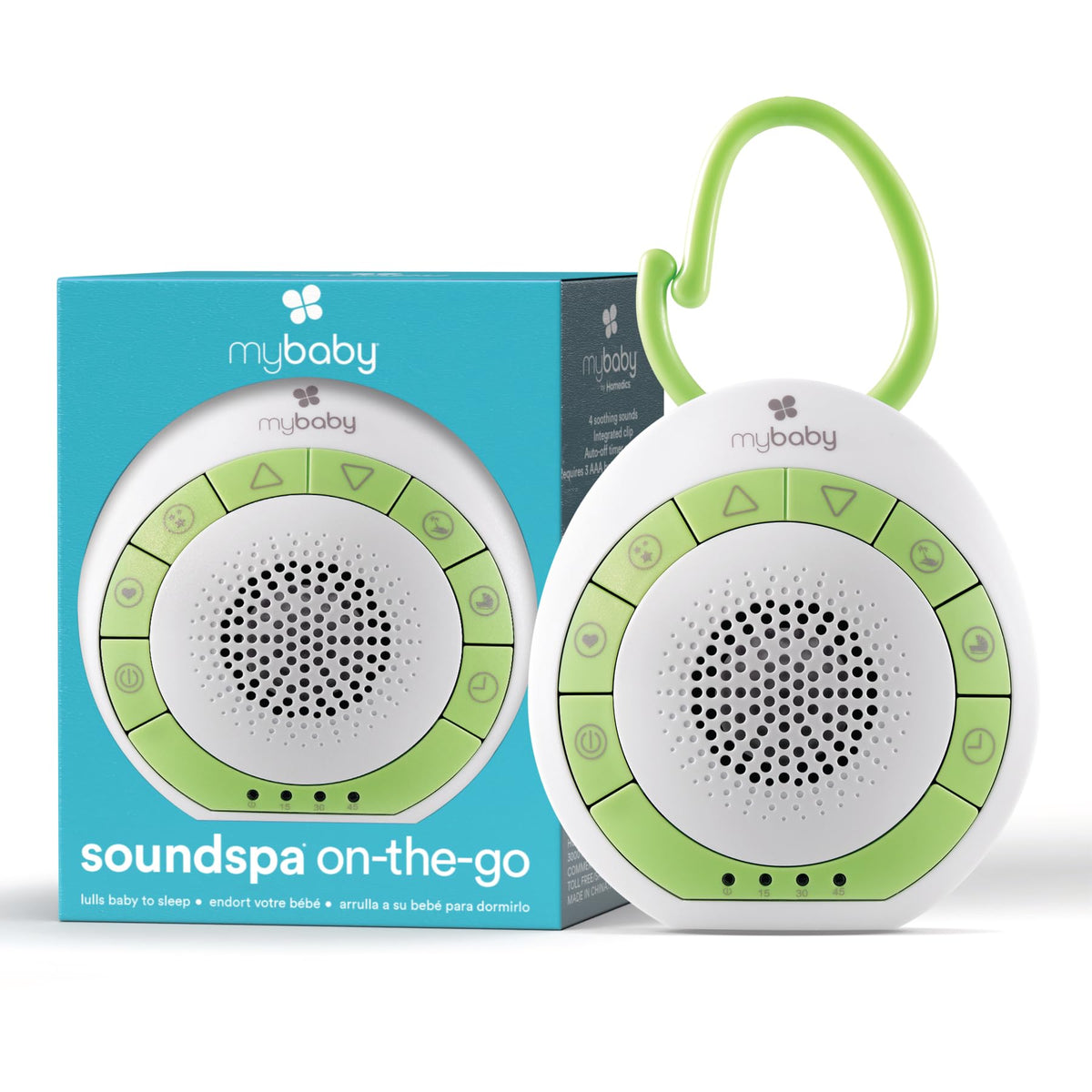 MyBaby baby sound machine in compact size for travel and quick setup.
