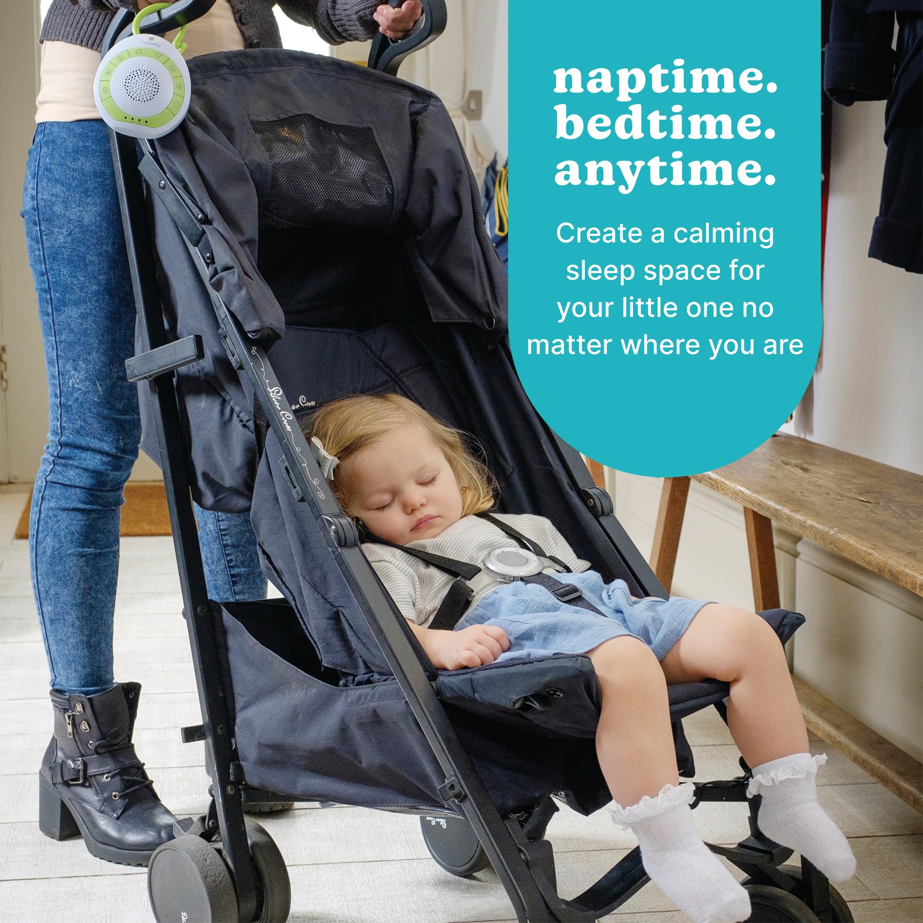 MyBaby sound machine with integrated clip for stroller or bag attachment.