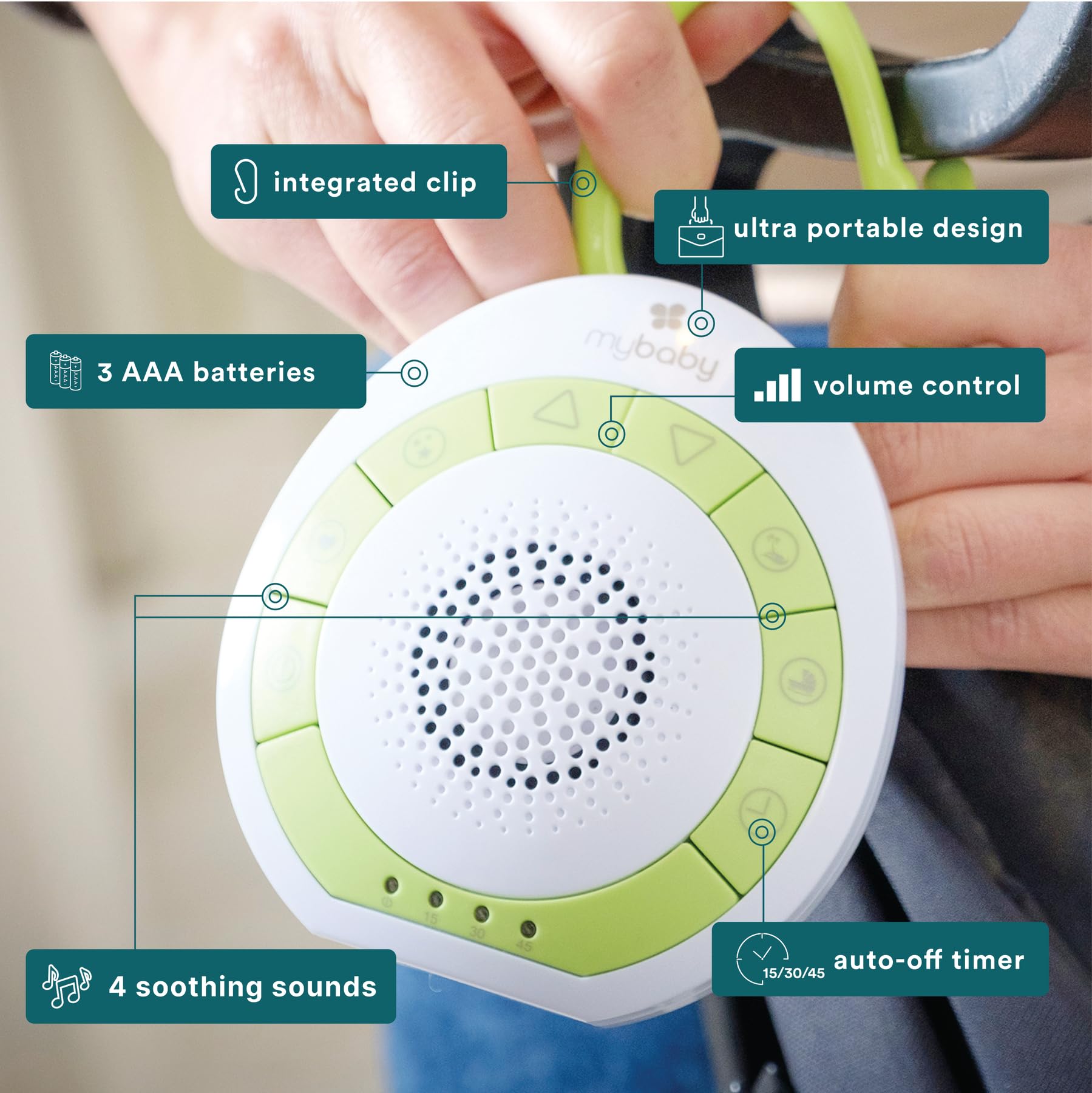MyBaby white noise setting creates a calm backdrop for nighttime routines.
