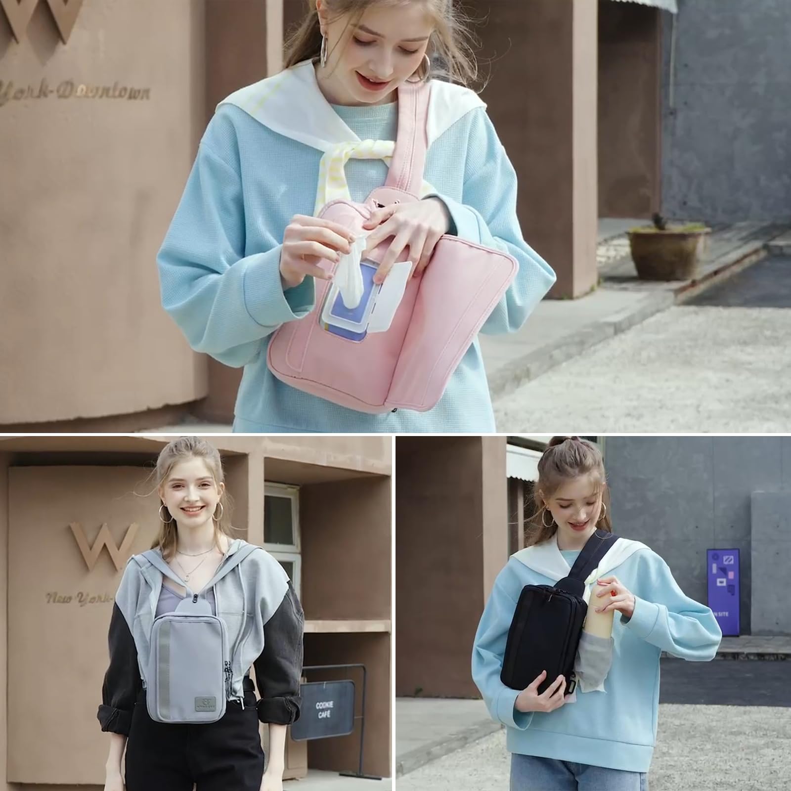 MYHOZEE crossbody sling bag showing wet wipes pocket for easy access