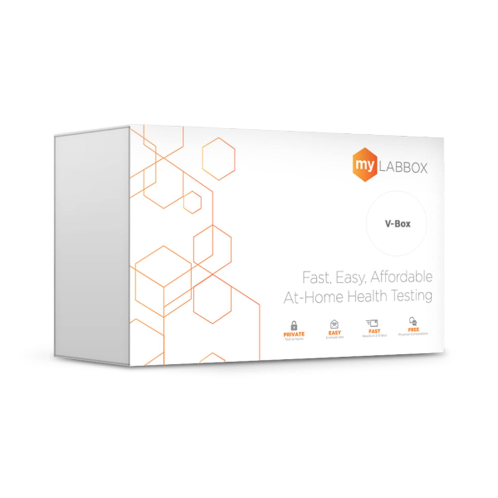 myLAB Box V-Box at-home test packaging for private vaginal health screening.