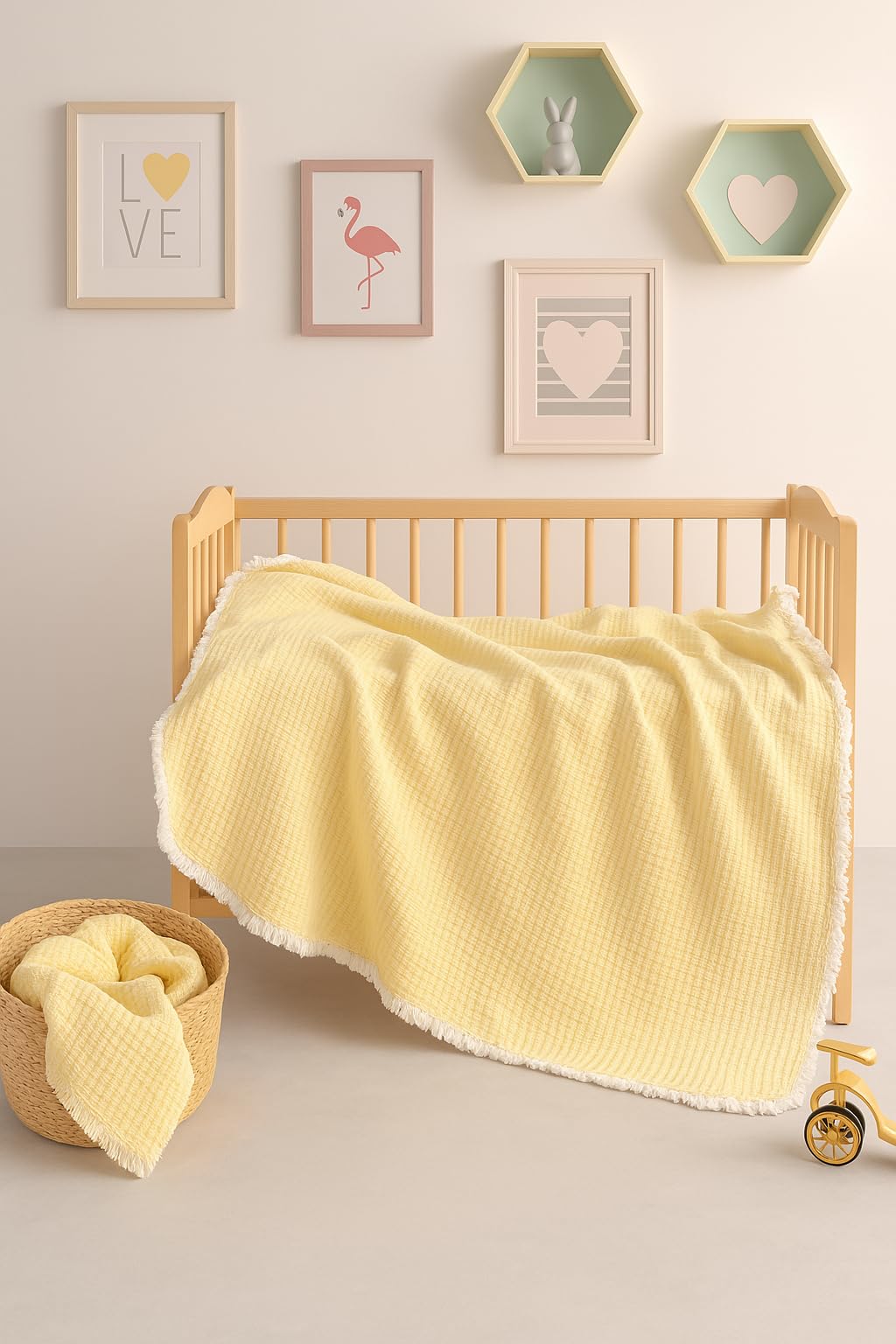 MylasaHome pastel yellow baby blanket ideal for cribs and stroller outings.