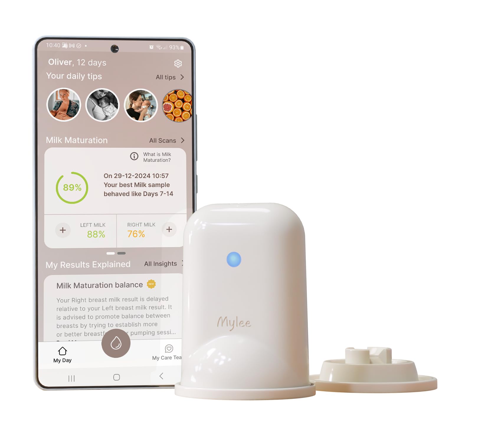 MyLee smart monitor sensor close-up showing real-time milk insights.
