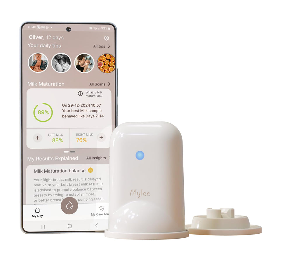 MyLee smart monitor sensor close-up showing real-time milk insights.
