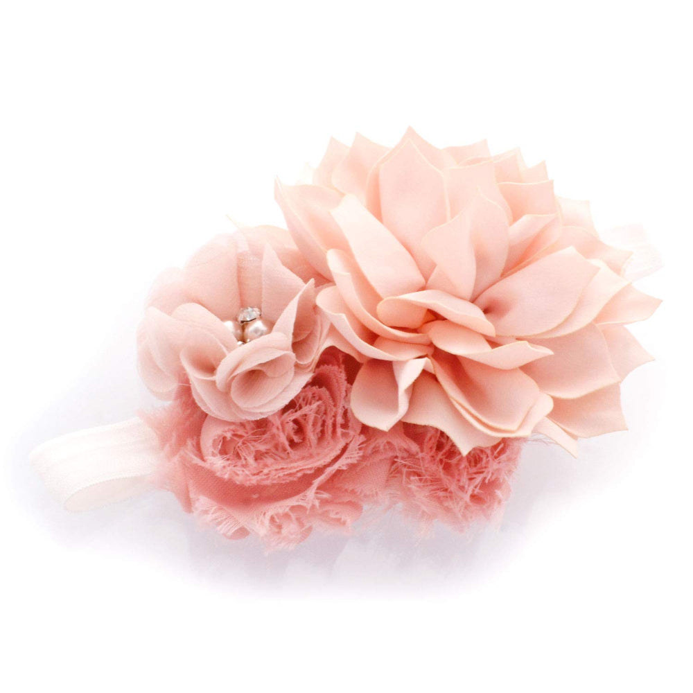 My Lello headband close-up of frayed fabric flowers and tulle.