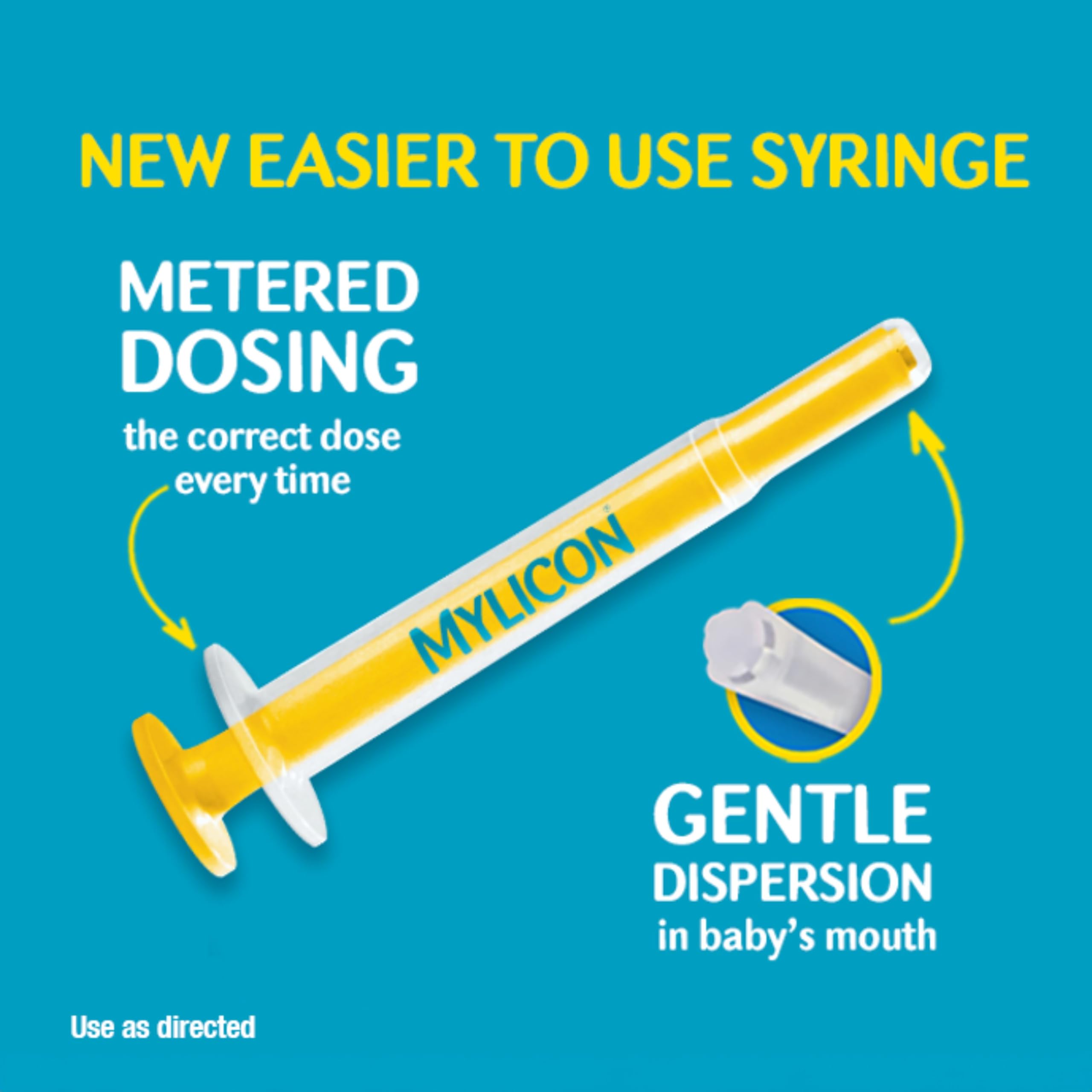Close-up of Mylicon gas relief syringe and bottle for easy dosing.