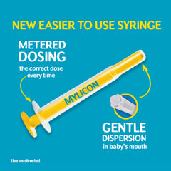 Close-up of Mylicon gas relief syringe and bottle for easy dosing.