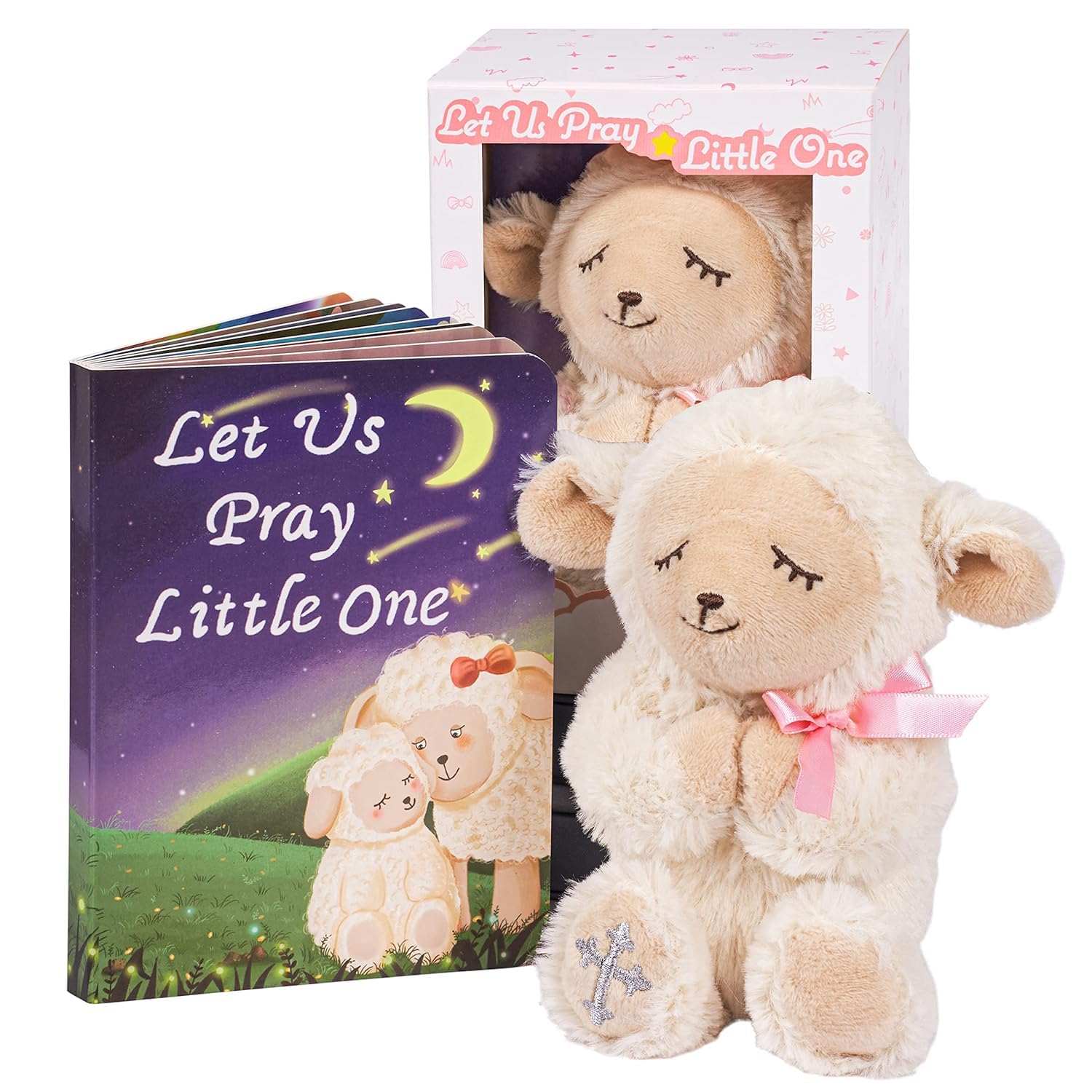 MyMateZoe 7-inch praying lamb plush paired with Let Us Pray book for soothing bedtime.