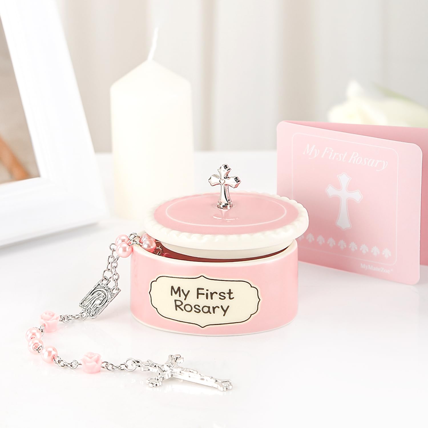 MyMateZoe ceramic keepsake box in pink with cross for cherished memories