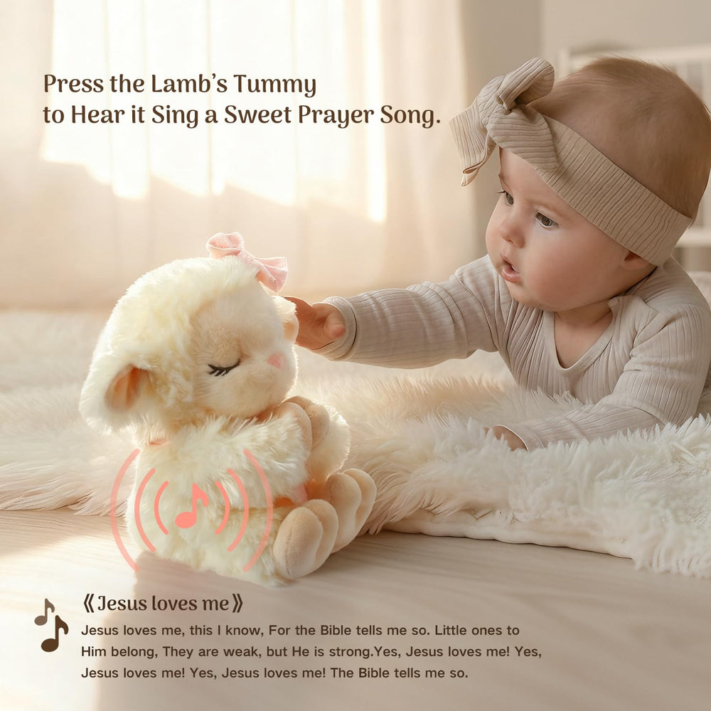 MyMateZoe praying lamb plush ready for bedtime prayers and lullabies.