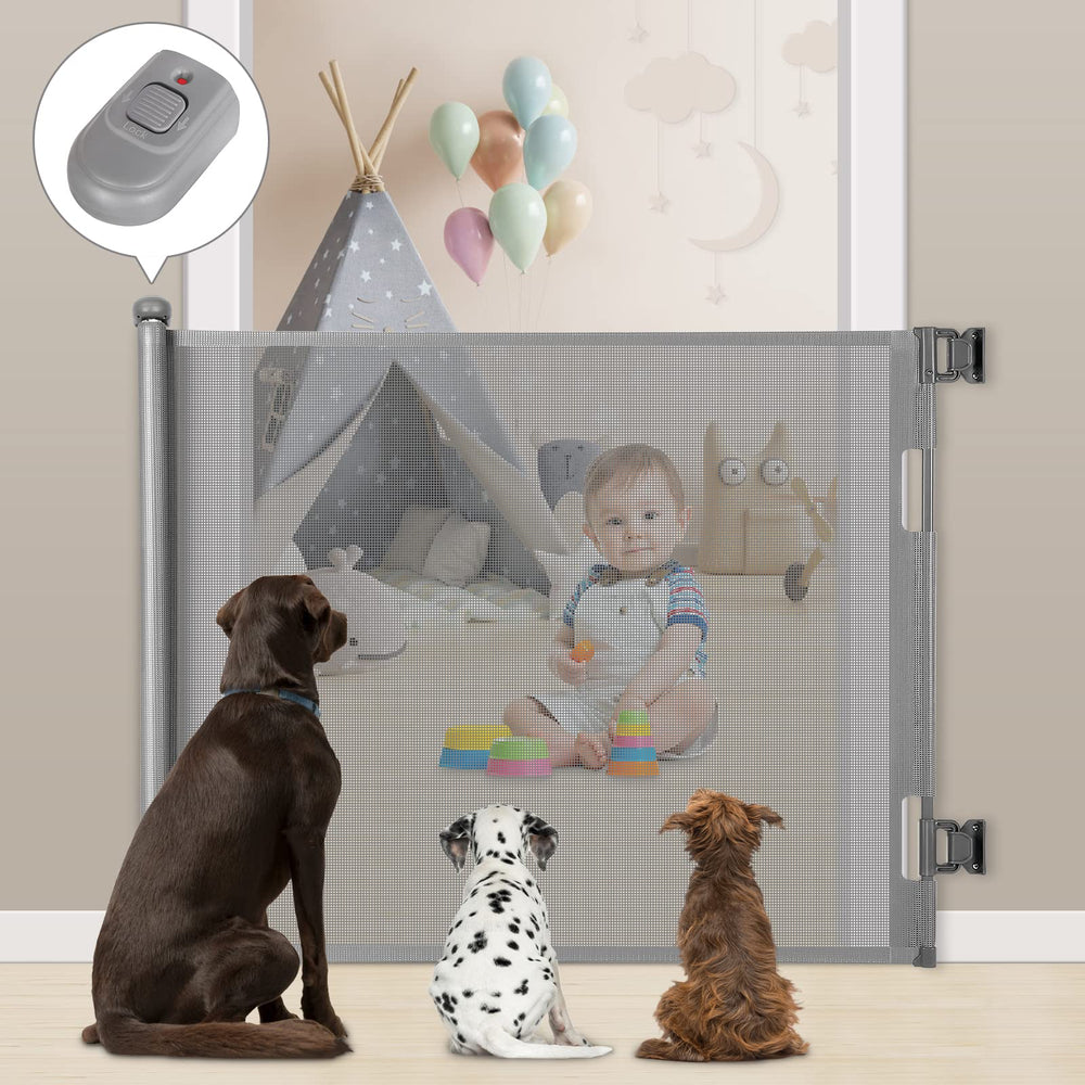 MYPIN Retractable Baby Gate extended for wide indoor or outdoor openings, safer play areas.