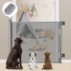 MYPIN Retractable Baby Gate extended for wide indoor or outdoor openings, safer play areas.