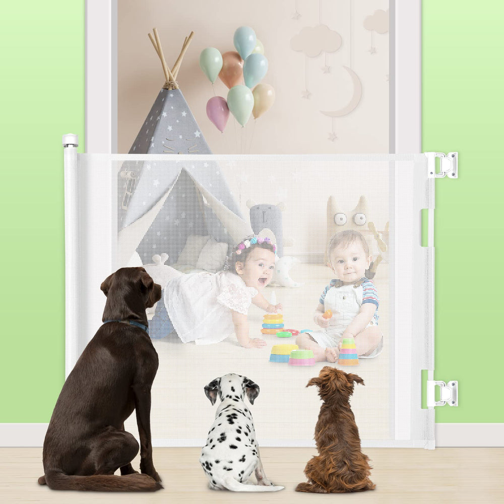 MYPIN retractable gate showing 55-inch width for wide spaces