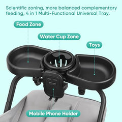 MYPIN stroller tray showing cup holder and food area for easy feeding