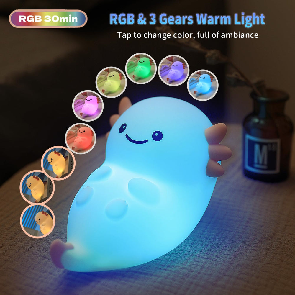 Myratts axolotl night light dimmable brightness creates cozy mood for kids rooms.