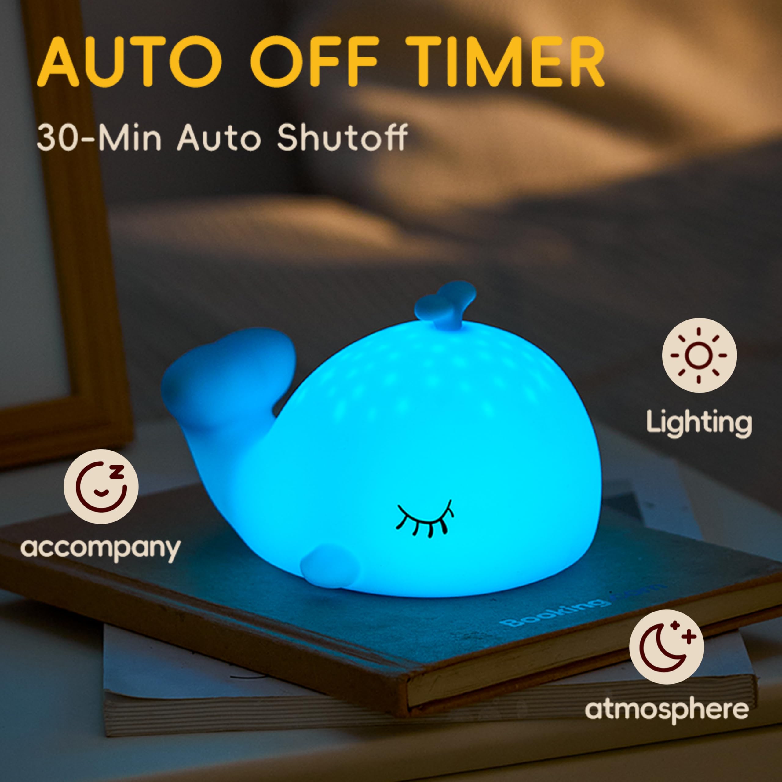 Myratts Whale Night Light offers RGB color modes for mood lighting.