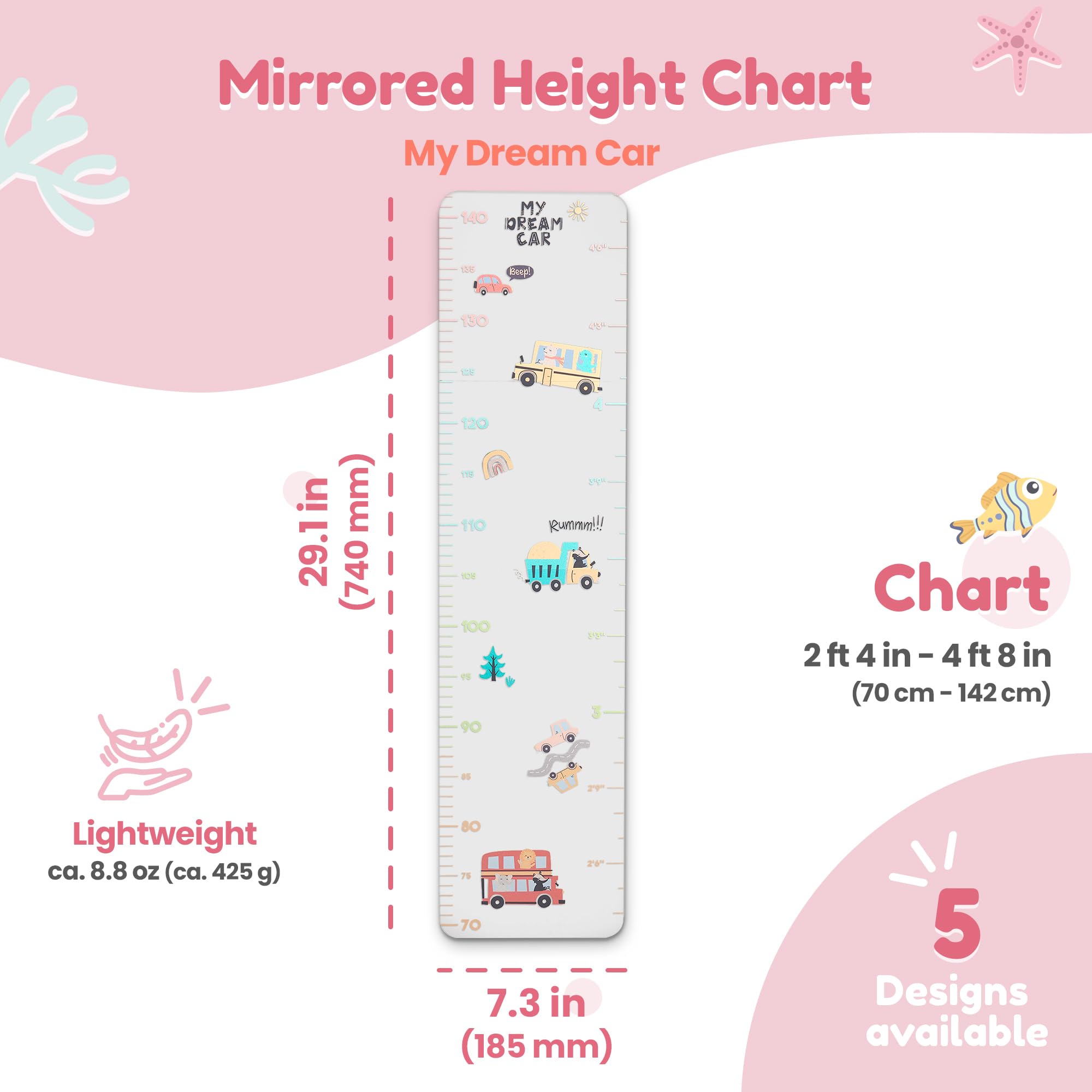 MYRO Mirror height chart with colorful designs brightens nurseries and supports milestone tracking.
