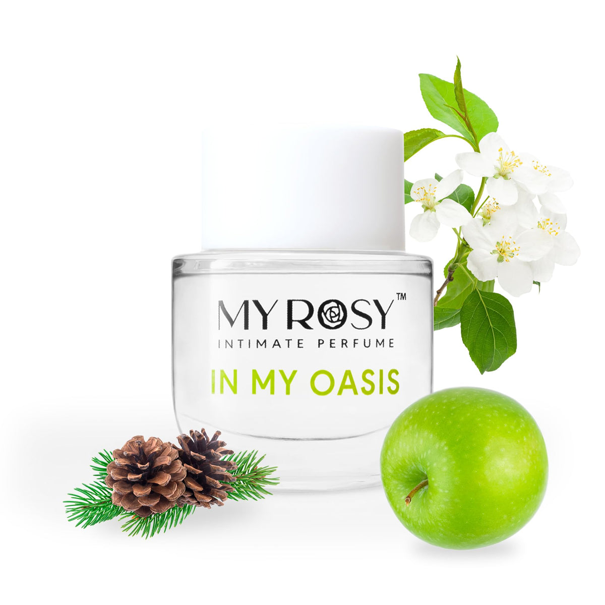 MYROSY In My Oasis bottle on white surface highlighting alcohol-free formula for sensitive skin