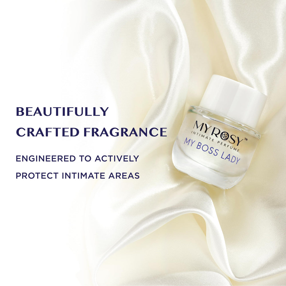 Close-up of MYROSY perfume oil highlighting peach and floral balance.