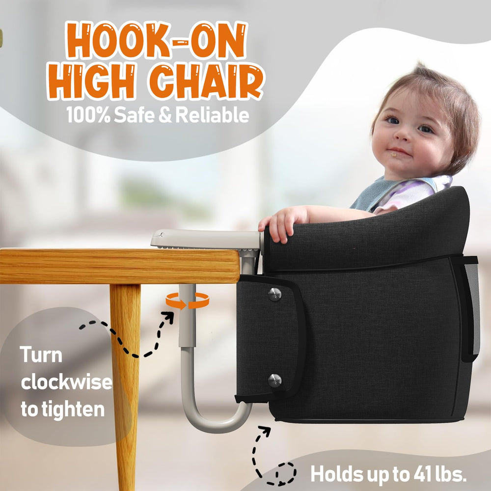 MYYOODI Hook On High Chair's 3 point harness keeps baby secure during meals.