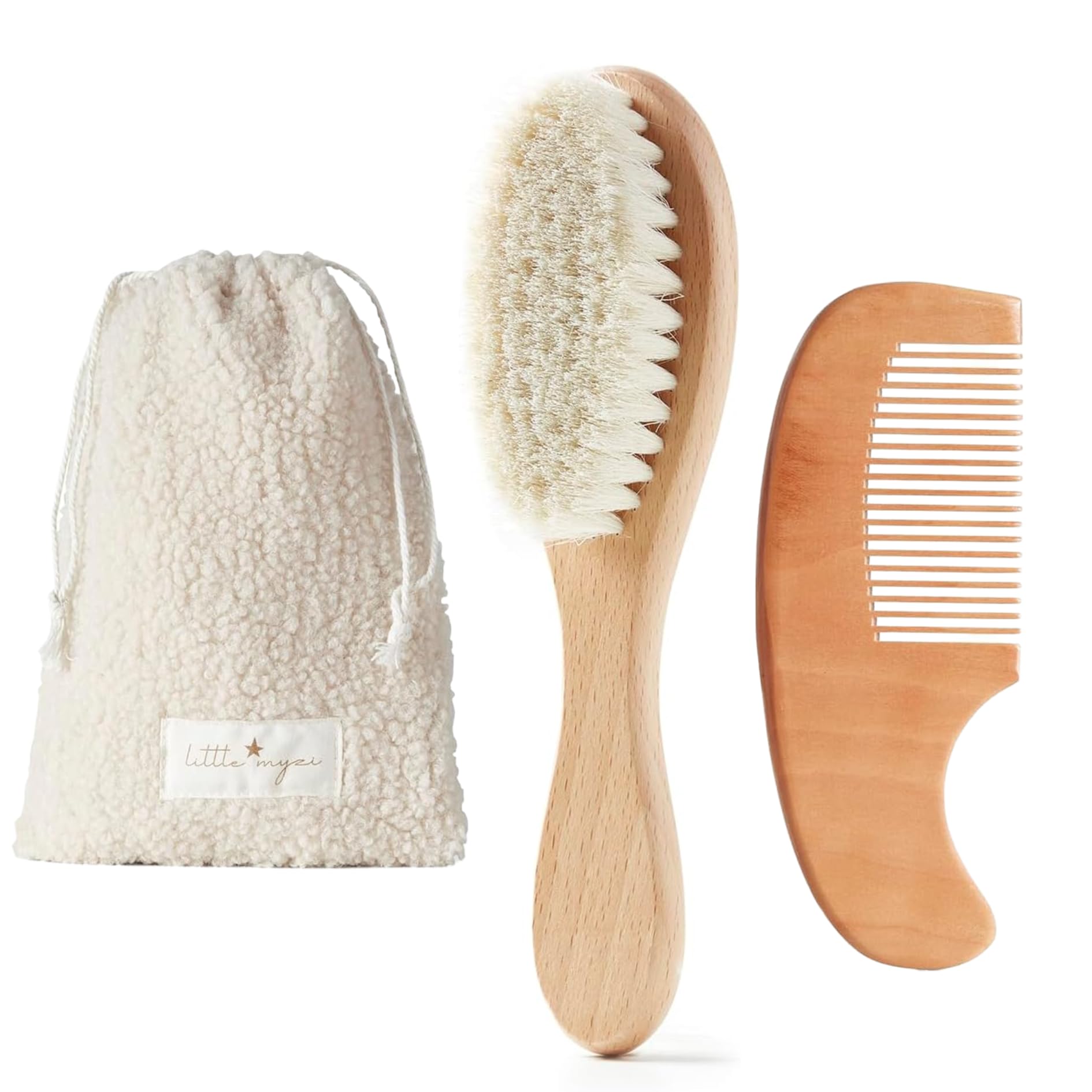 MYZI Baby Hair Brush Set brush close-up with soft goat-hair bristles for gentle scalp care.