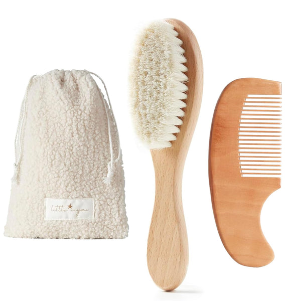 MYZI Baby Hair Brush Set brush close-up with soft goat-hair bristles for gentle scalp care.