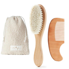 MYZI Baby Hair Brush Set brush close-up with soft goat-hair bristles for gentle scalp care.