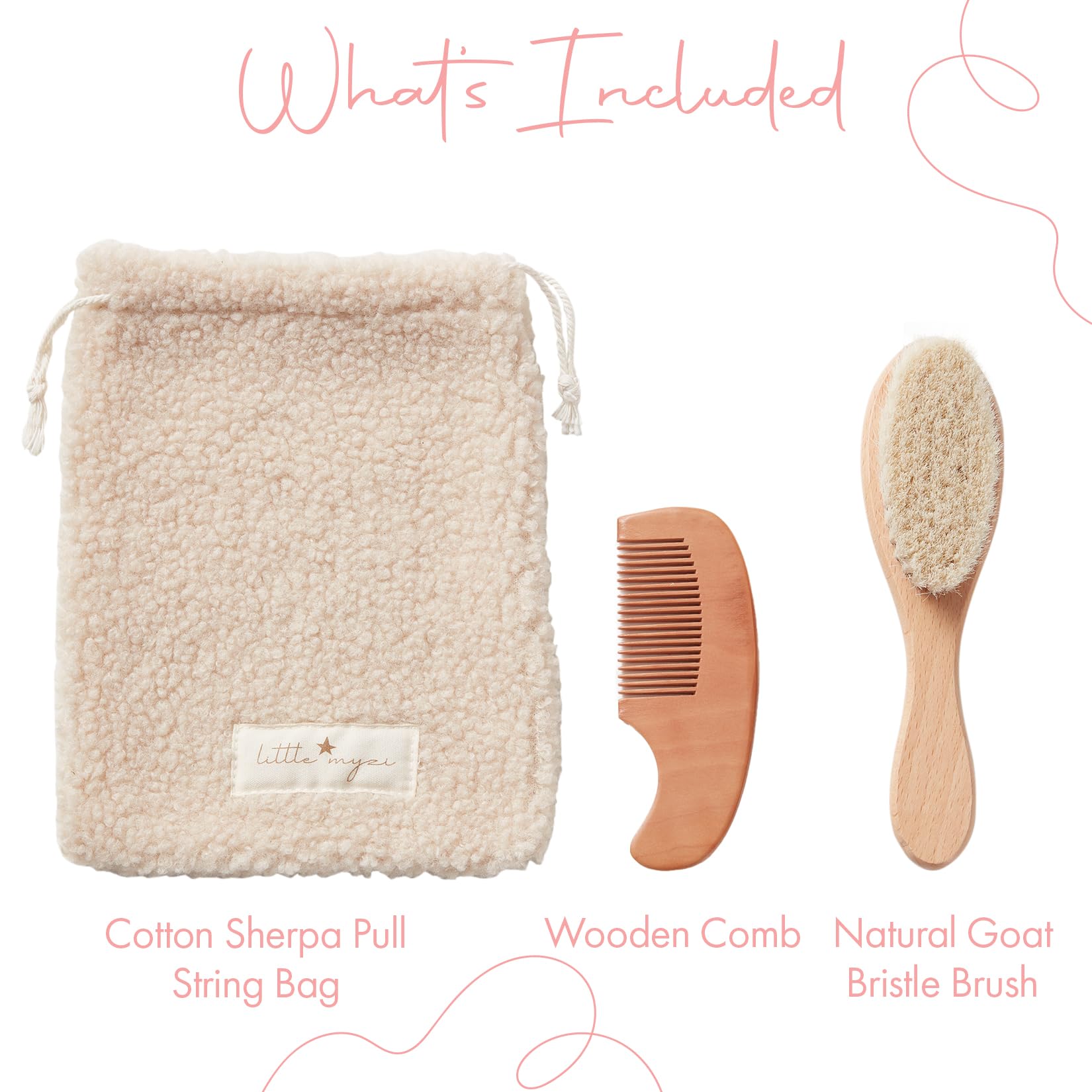 MYZI Baby Hair Brush Set comb close-up showing handmade wood comb for delicate infant hair.
