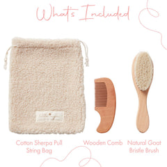 MYZI Baby Hair Brush Set comb close-up showing handmade wood comb for delicate infant hair.