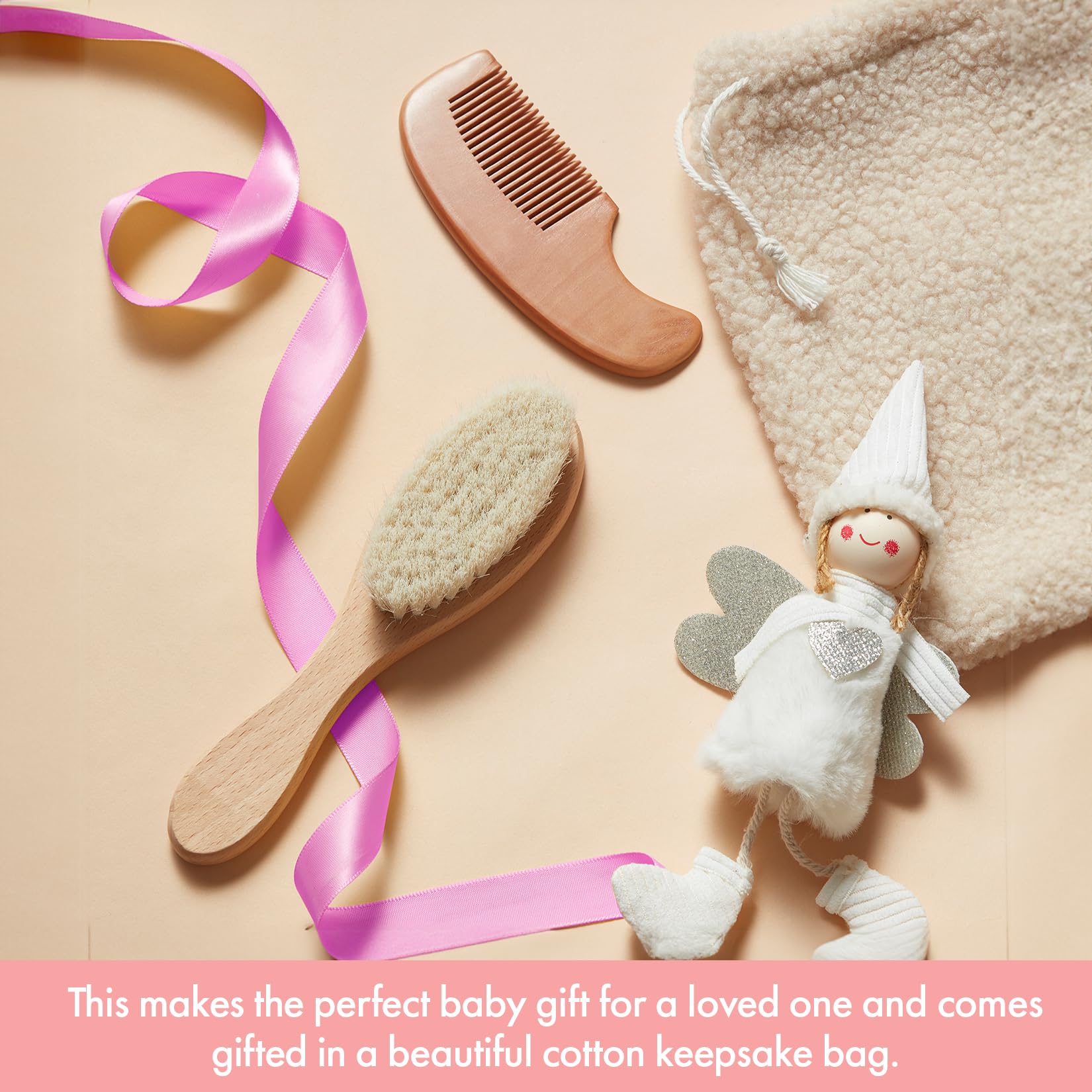 MYZI handmade wood comb close-up highlighting smooth craftsmanship for baby hair.