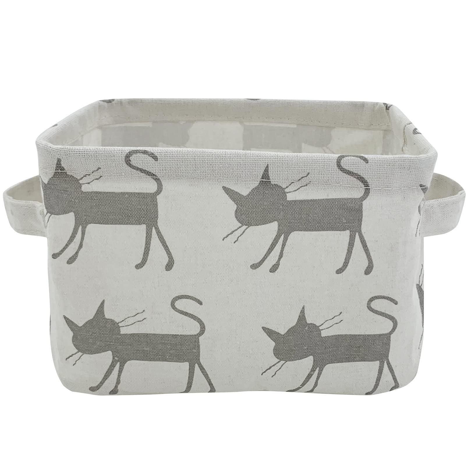 Mziart small foldable storage basket with handles in grey cat design for portable nursery organization.