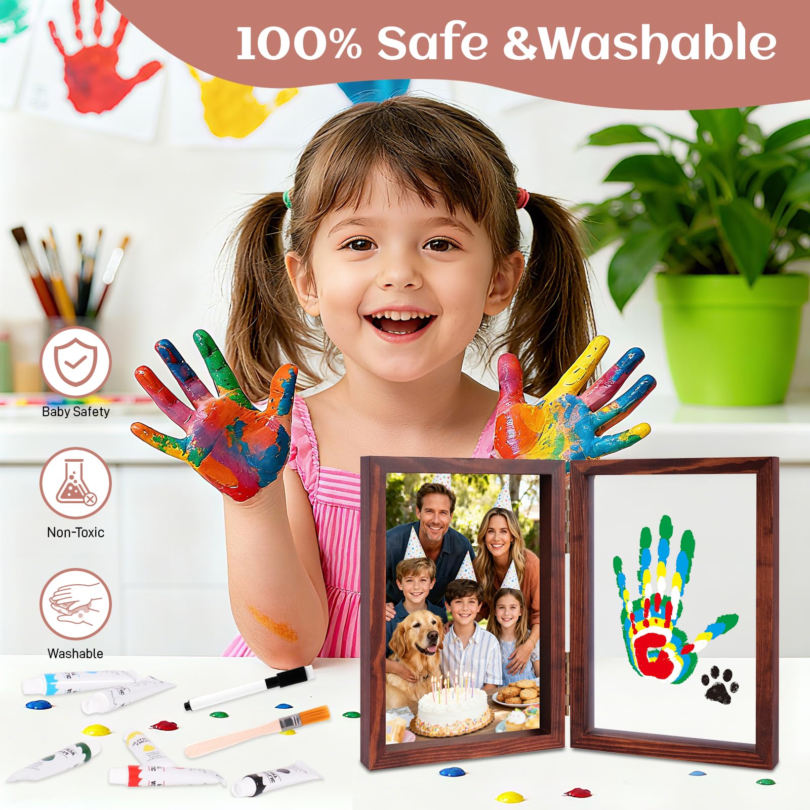 Nabance handprint kit photos storage option illustrated beside frame.