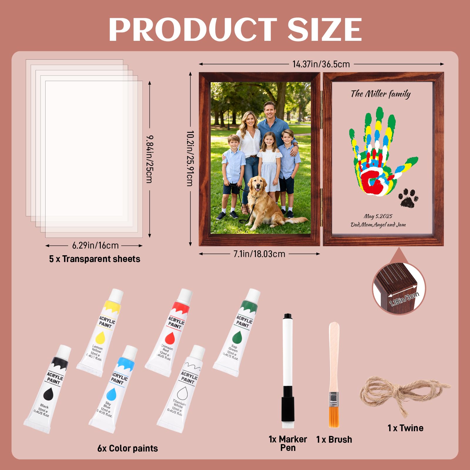 Nabance family handprint kit wooden frame presents sturdy display for wall or shelf.